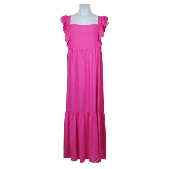 Eloquii | Hot Pink Ruffle Tiered Tie Open Back Sleeveless Plus Size Maxi Dress - Picture 4 of 10